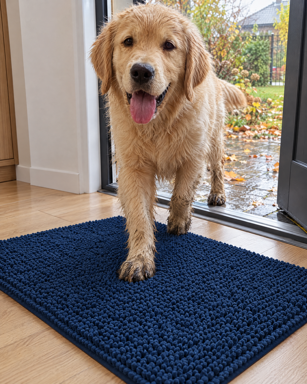 Golden retriever wchodzi z deszczu na wycieraczkę BłotoStop